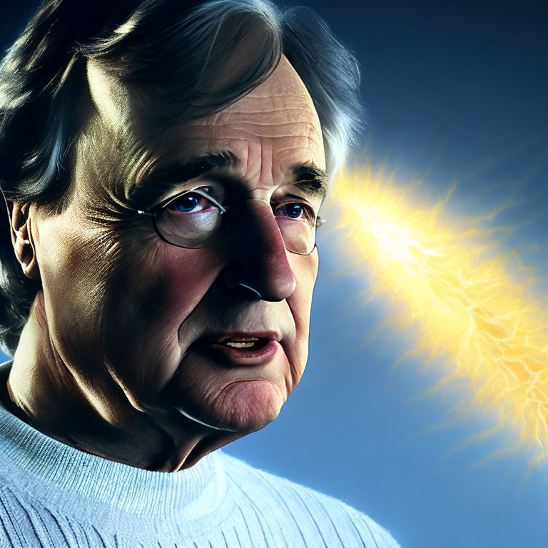 Illustrated portrait of older man with gray hair and concerned expression & burst of light.