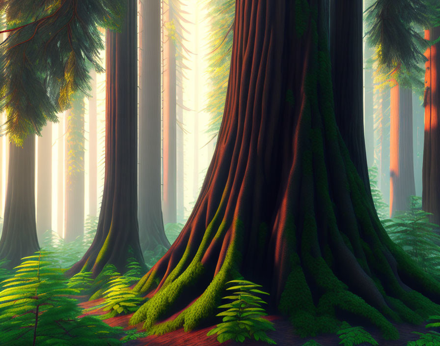 Dense Forest with Towering Trees and Lush Ferns
