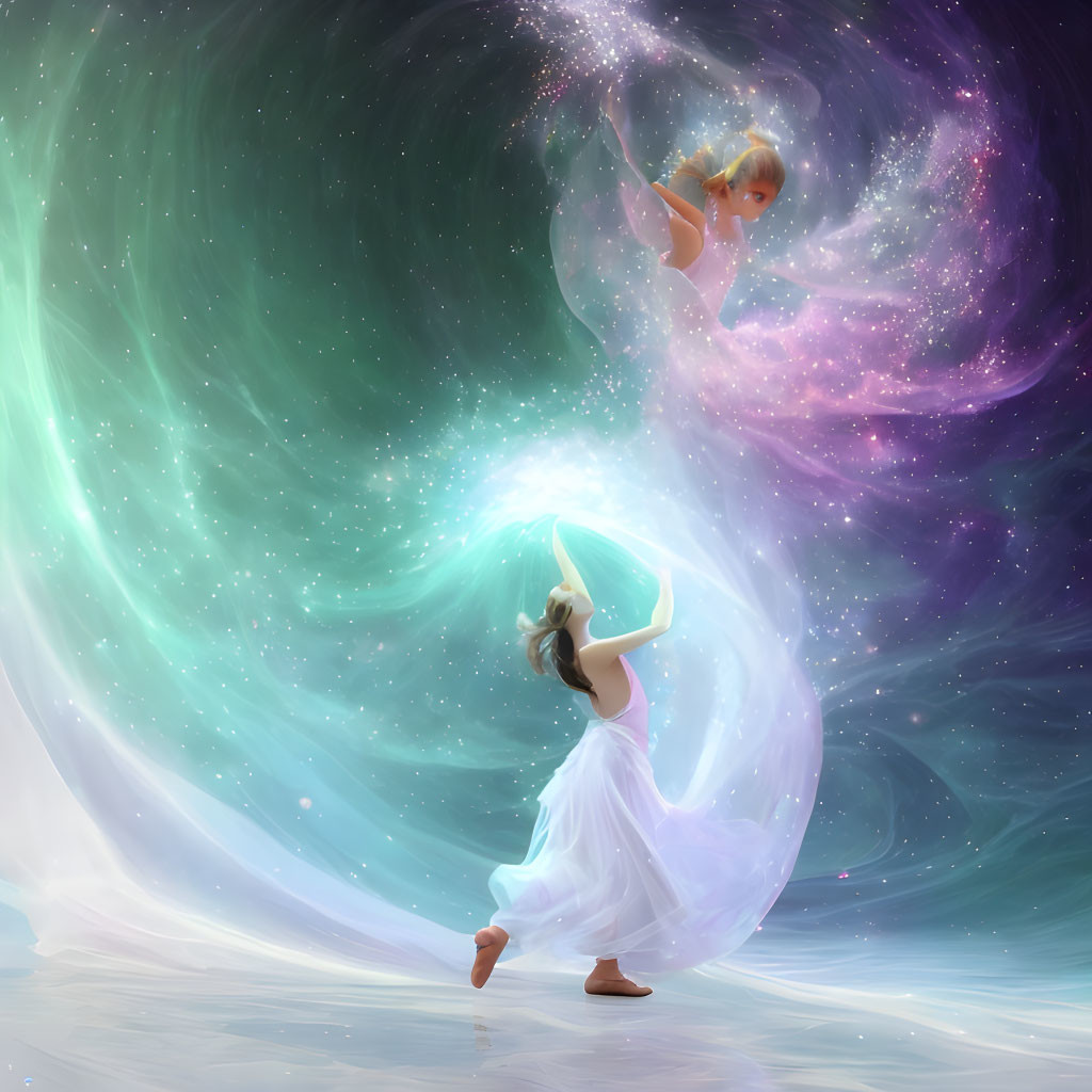 Graceful dancer in white dress under cosmic sky with winged fairy and celestial colors