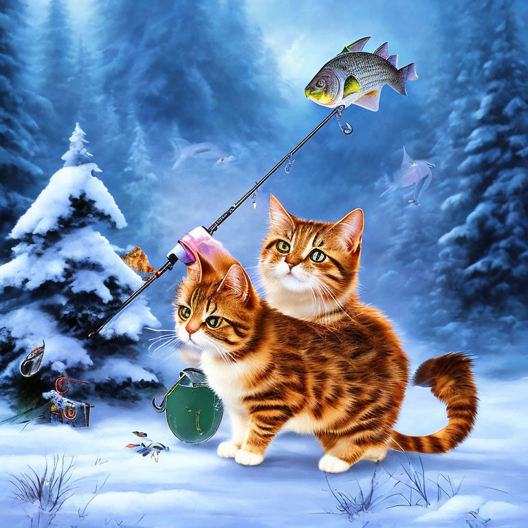 Illustrated cats fishing in snowy winter scene with floating fish.