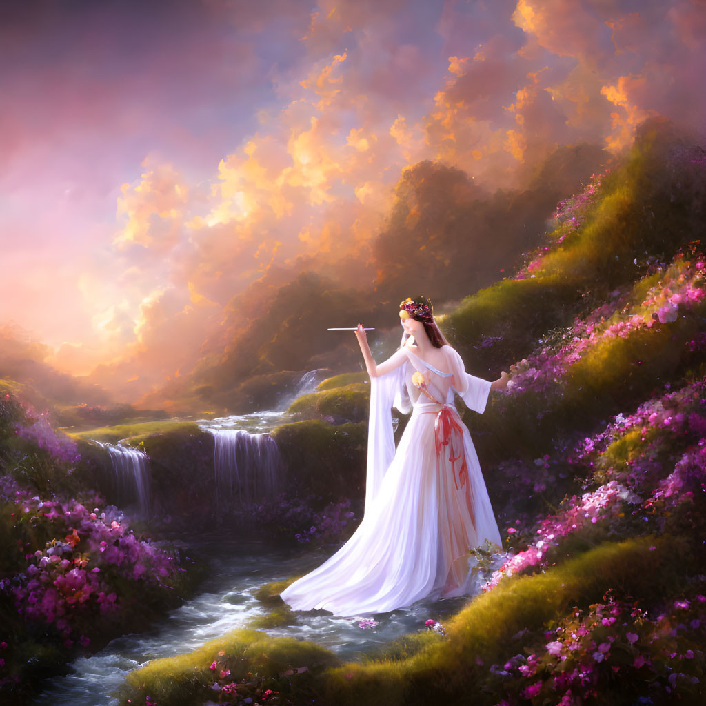 Woman in white gown with sword by stream in vibrant sunset landscape