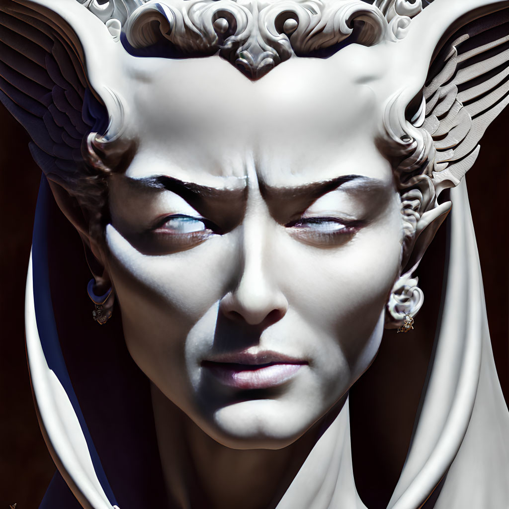 Detailed 3D-rendered character with ornate headdress and piercing gaze