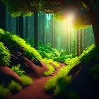 Sunlit forest with vibrant ferns and moss-covered ground