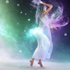 Graceful dancer in white dress under cosmic sky with winged fairy and celestial colors