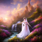 Woman in white gown with sword by stream in vibrant sunset landscape