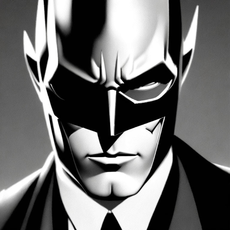 Stylized monochromatic Batman illustration with angular features