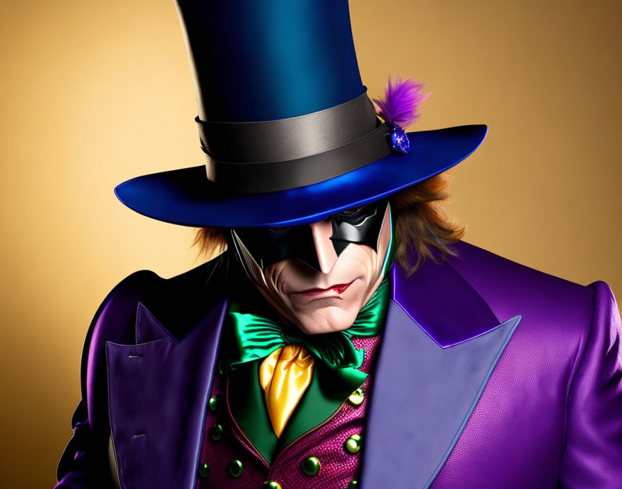 Colorful Character in Tall Blue Hat, Purple Coat, Green Bow Tie, and Mask