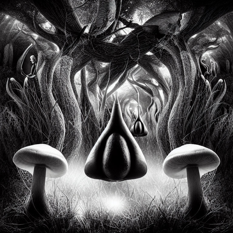 Monochromatic surreal forest with oversized mushrooms and twisted trees