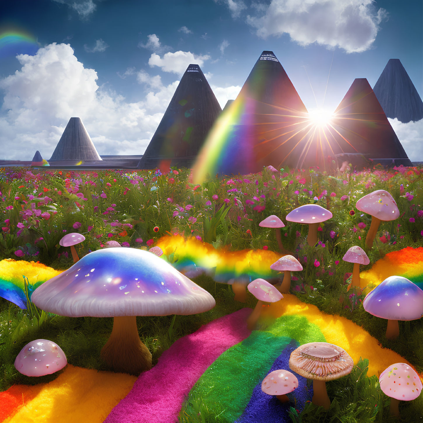 Colorful Fantasy Landscape with Glowing Mushrooms, Rainbow Ground, Pyramid Mountains, and Bright Sun