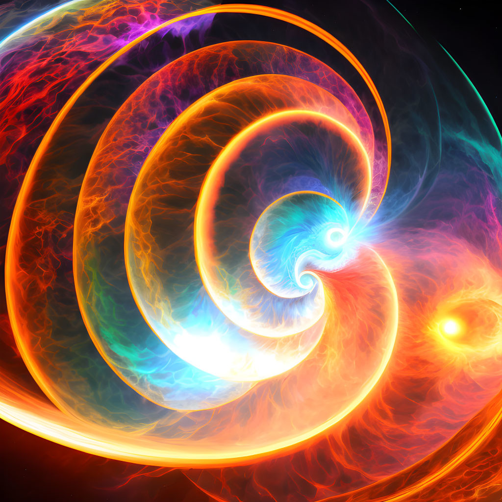 Colorful Fractal Spiral Illustration with Cosmic and Fiery Themes