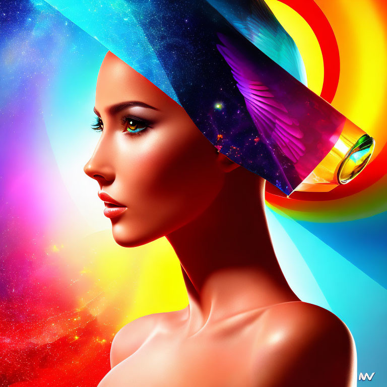 Colorful digital artwork of a woman with cosmic headdress on vibrant background