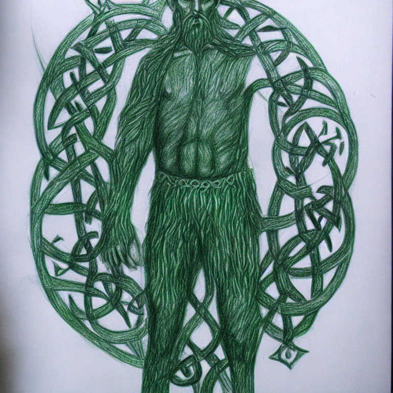 Green-toned drawing of bearded man with leaf hair in Celtic knot circle