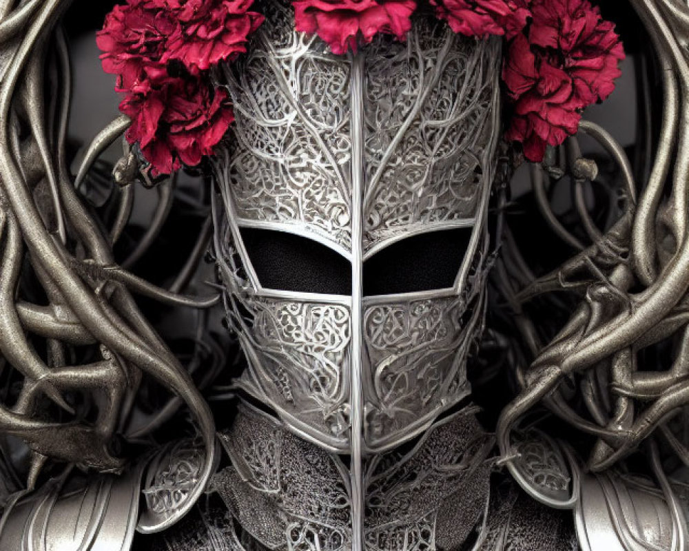 Intricate armored figure with featureless mask and red flower wreath on metallic background