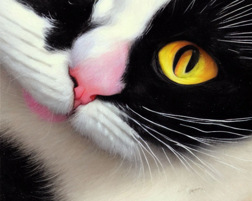 Detailed close-up painting of black and white cat with yellow eyes and pink nose