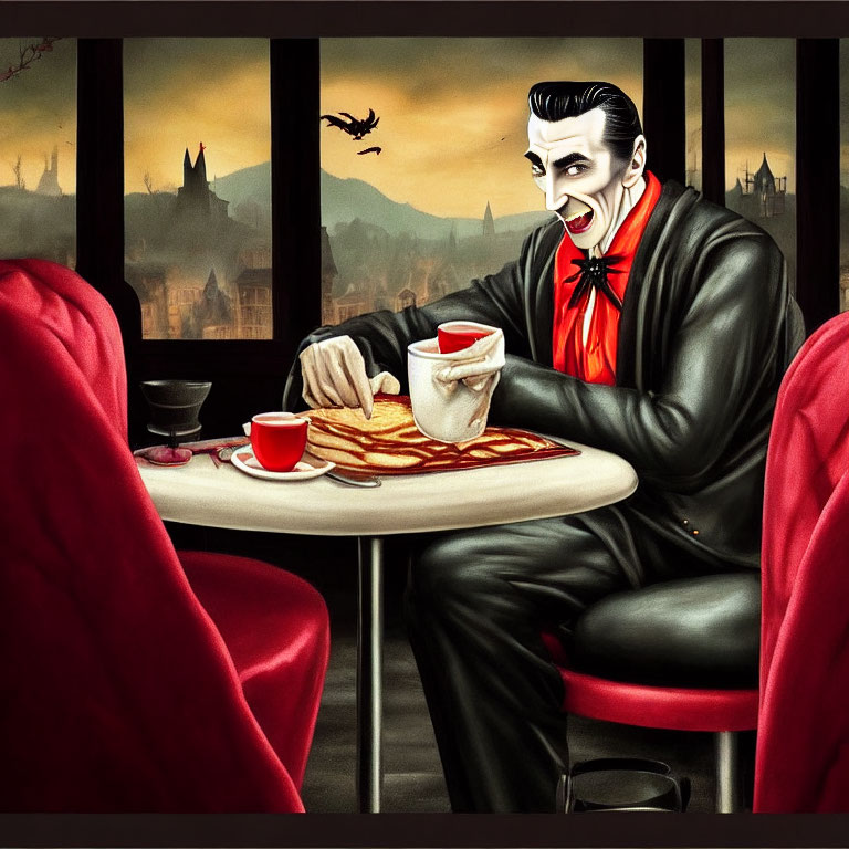 Stylized vampire in sharp suit eats pancakes in gothic setting