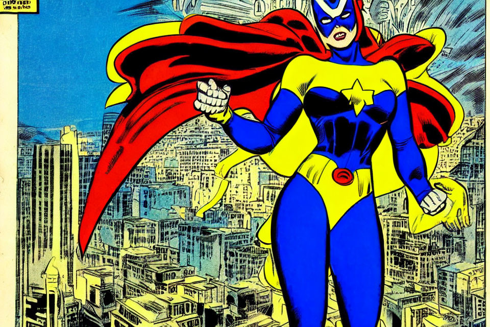 Female superhero with red cape and blue suit flying over cityscape