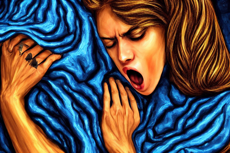 Woman in blue cloth with star tattoos yawning or screaming art.