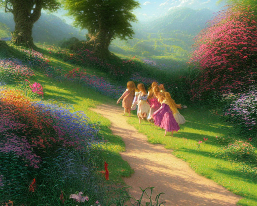 Three girls in dresses walking in a flower-filled garden path.