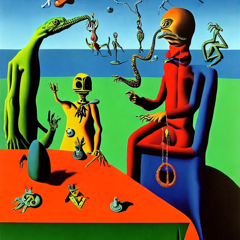 Surreal painting of humanoid figures with elongated limbs and bird-like heads in vibrant landscape.