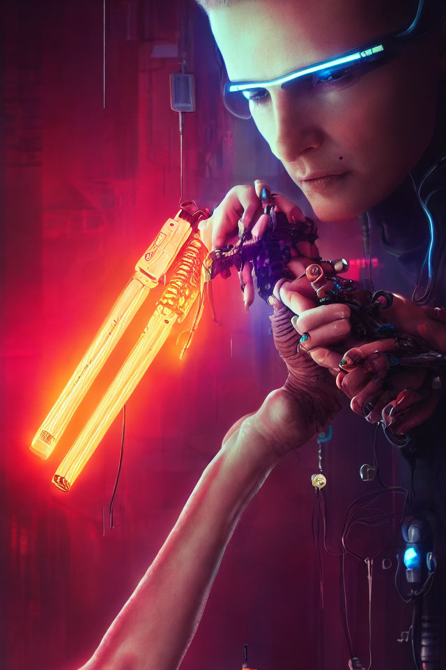 Futuristic helmet and glowing cybernetic arm on vibrant backdrop