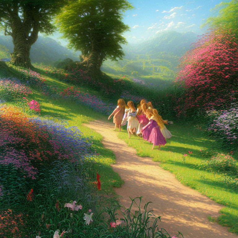 Three girls in dresses walking in a flower-filled garden path.