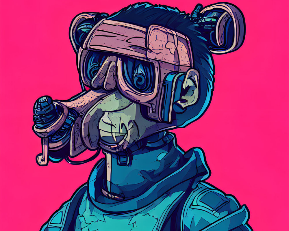 Stylized ape character in gas mask and futuristic outfit on pink background