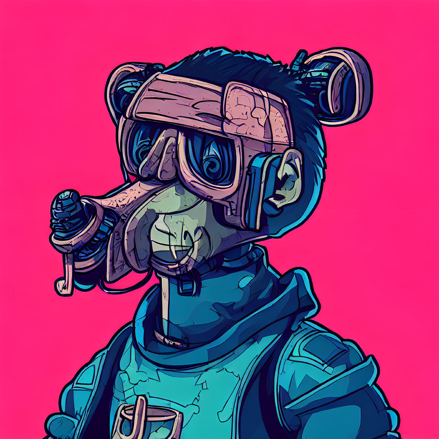 Stylized ape character in gas mask and futuristic outfit on pink background