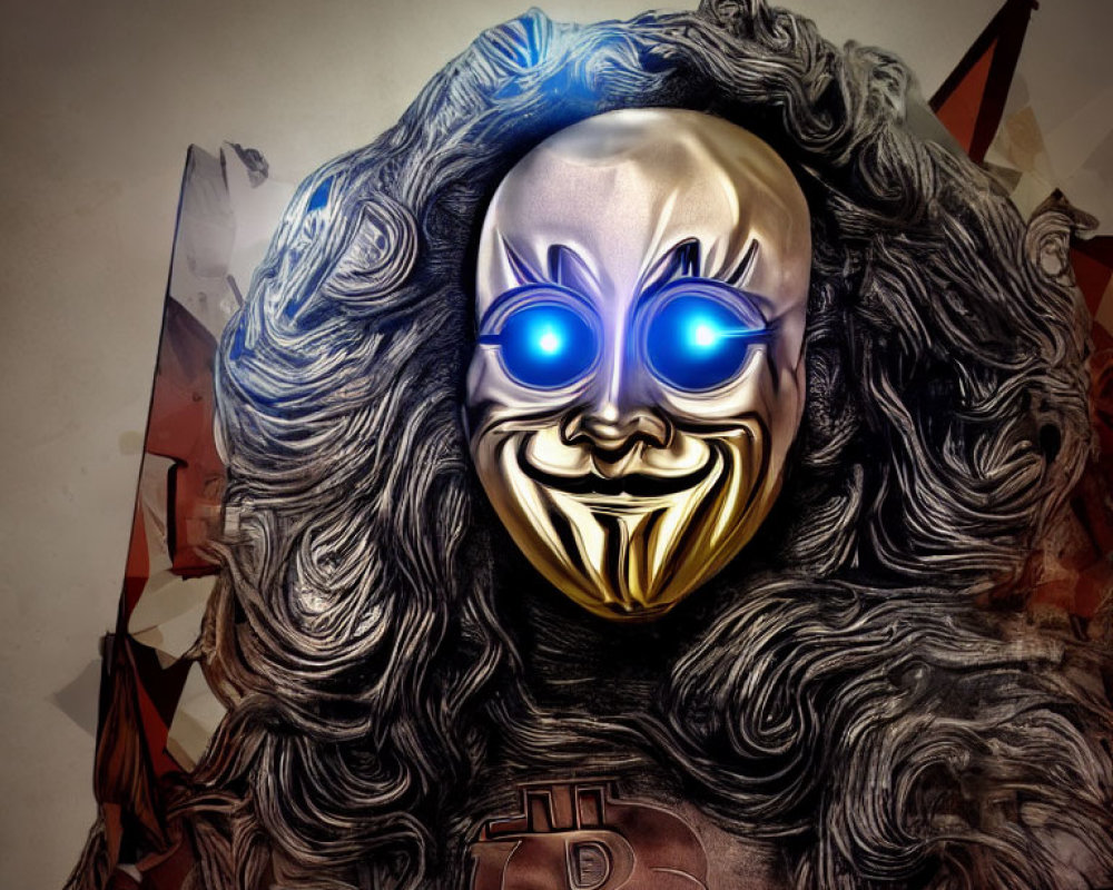 Person with glowing blue eyes and sinister grin in mask against abstract background