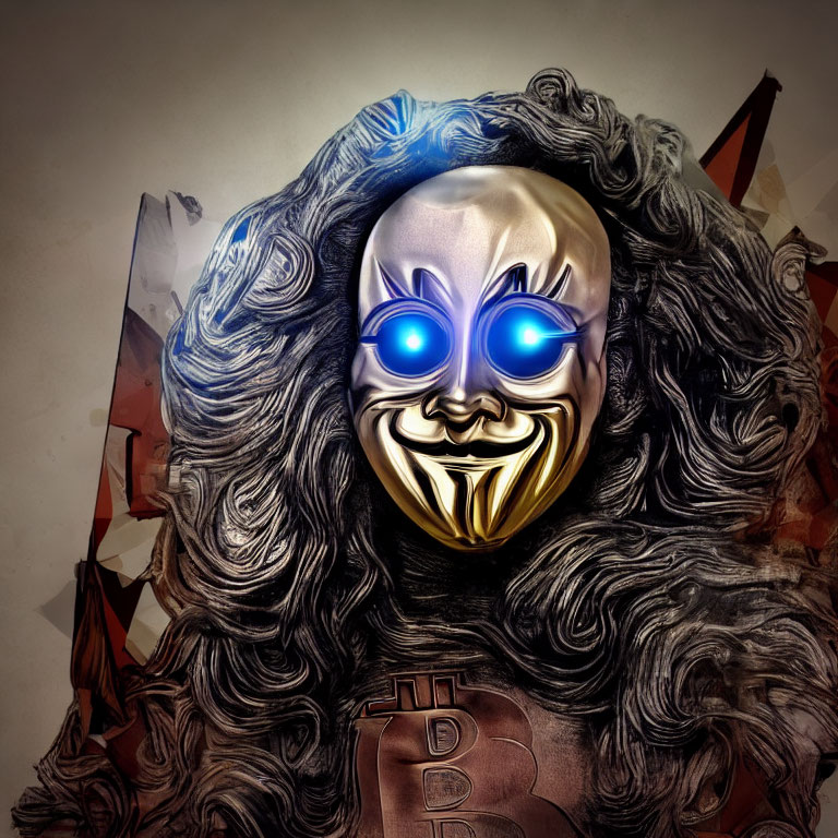 Person with glowing blue eyes and sinister grin in mask against abstract background