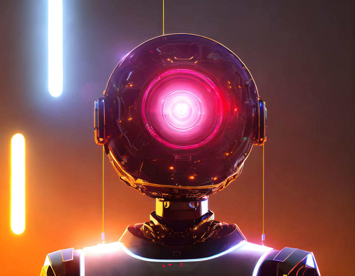 Futuristic robot with glowing red eye on black body in neon-lit setting