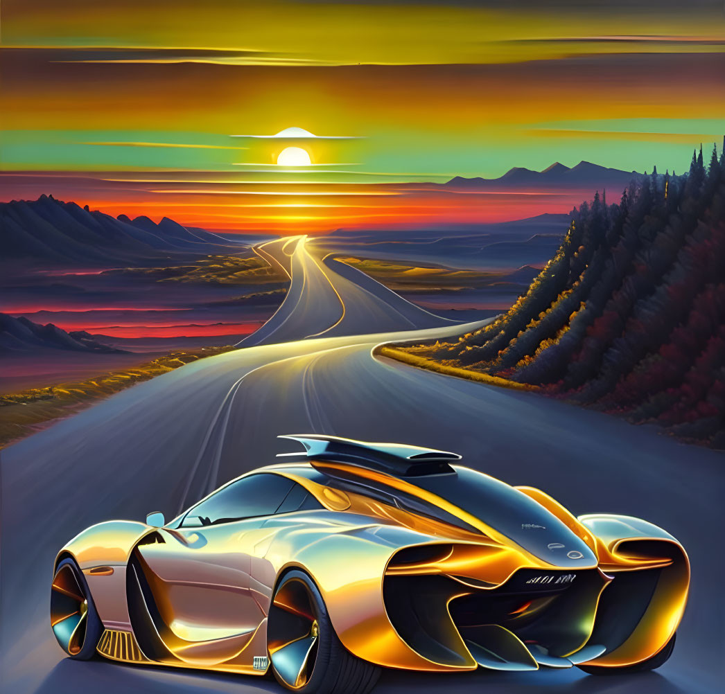 Sleek sports car on open road at sunset with mountain backdrop