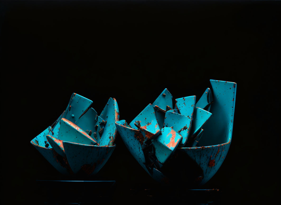 Deteriorating blue rowboats abandoned in dark setting