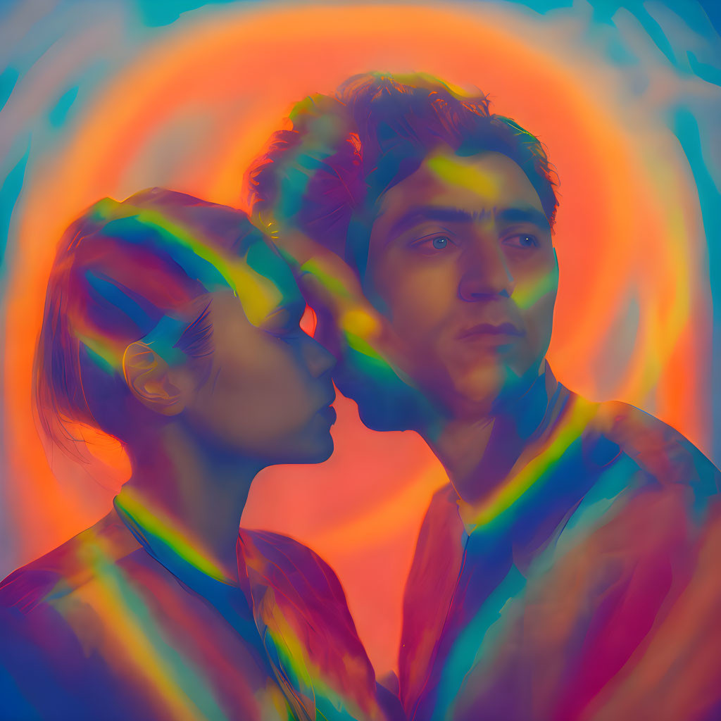 Woman kissing man with colorful, iridescent glow on cheek