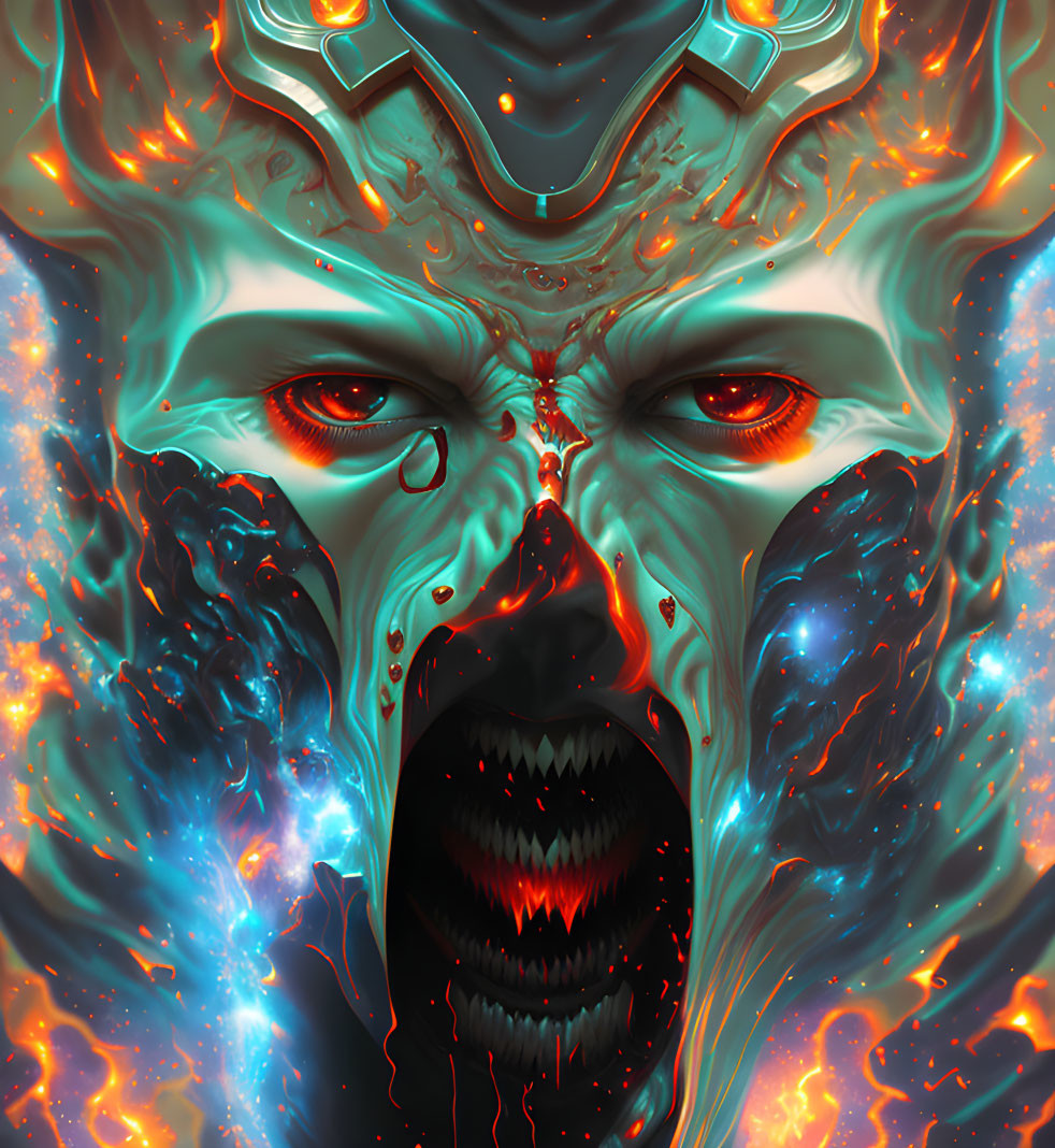 Fantastical creature with fiery eyes and blue flames.