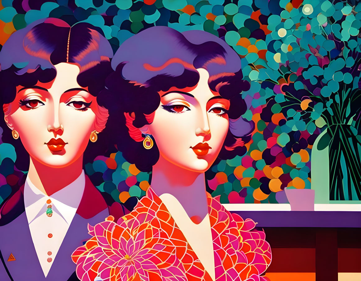 Stylized women with vintage hairstyles in colorful attire against abstract background