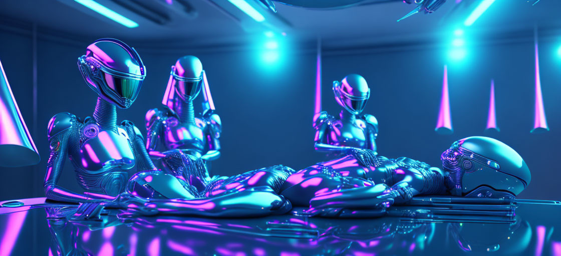 Futuristic humanoid robots in neon-lit room