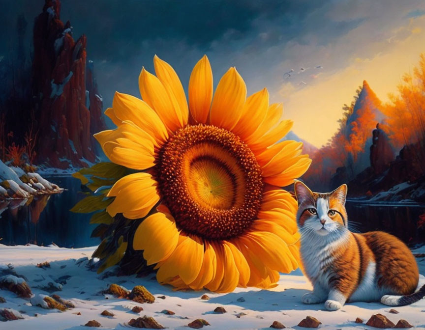 Vibrant sunflower and calico cat in snowy landscape