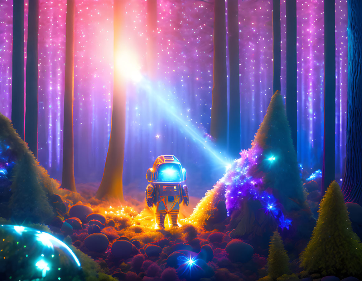 Mystical forest with glowing flora, starry backdrop, and robotic explorer