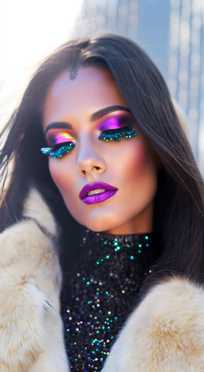 Vibrant purple makeup and faux fur coat against city backdrop