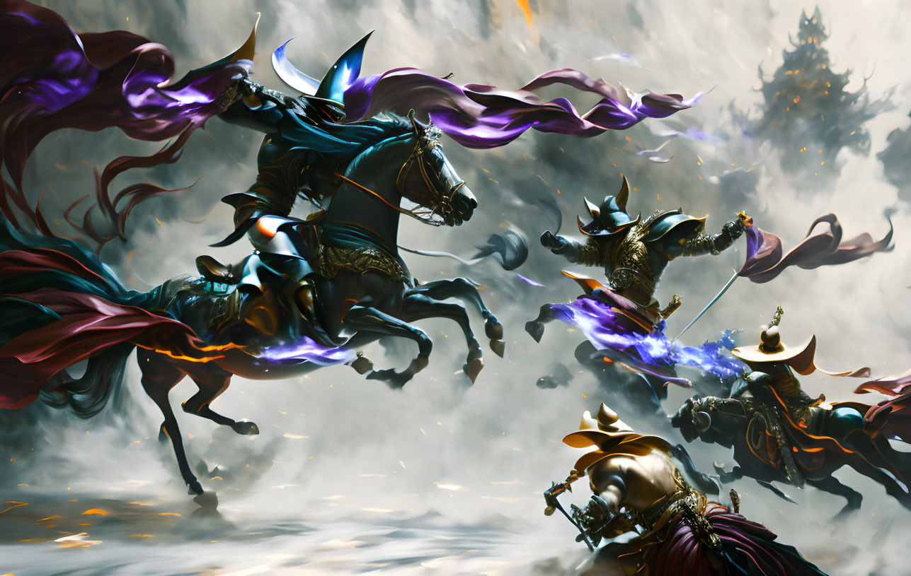 Armored mythical warriors on horses clash with glowing weapons under stormy sky