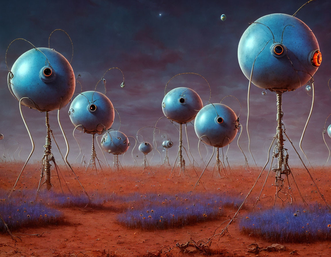 Surreal landscape with blue spherical structures on spindly legs amid reddish terrain