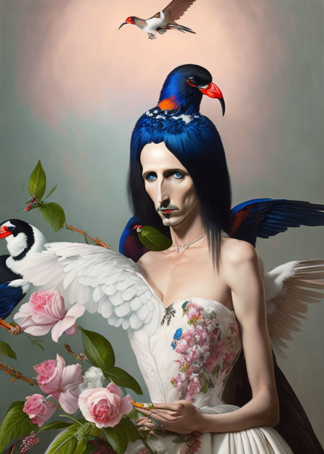 Person with White Wings and Vibrant Birds in Surreal Portrait