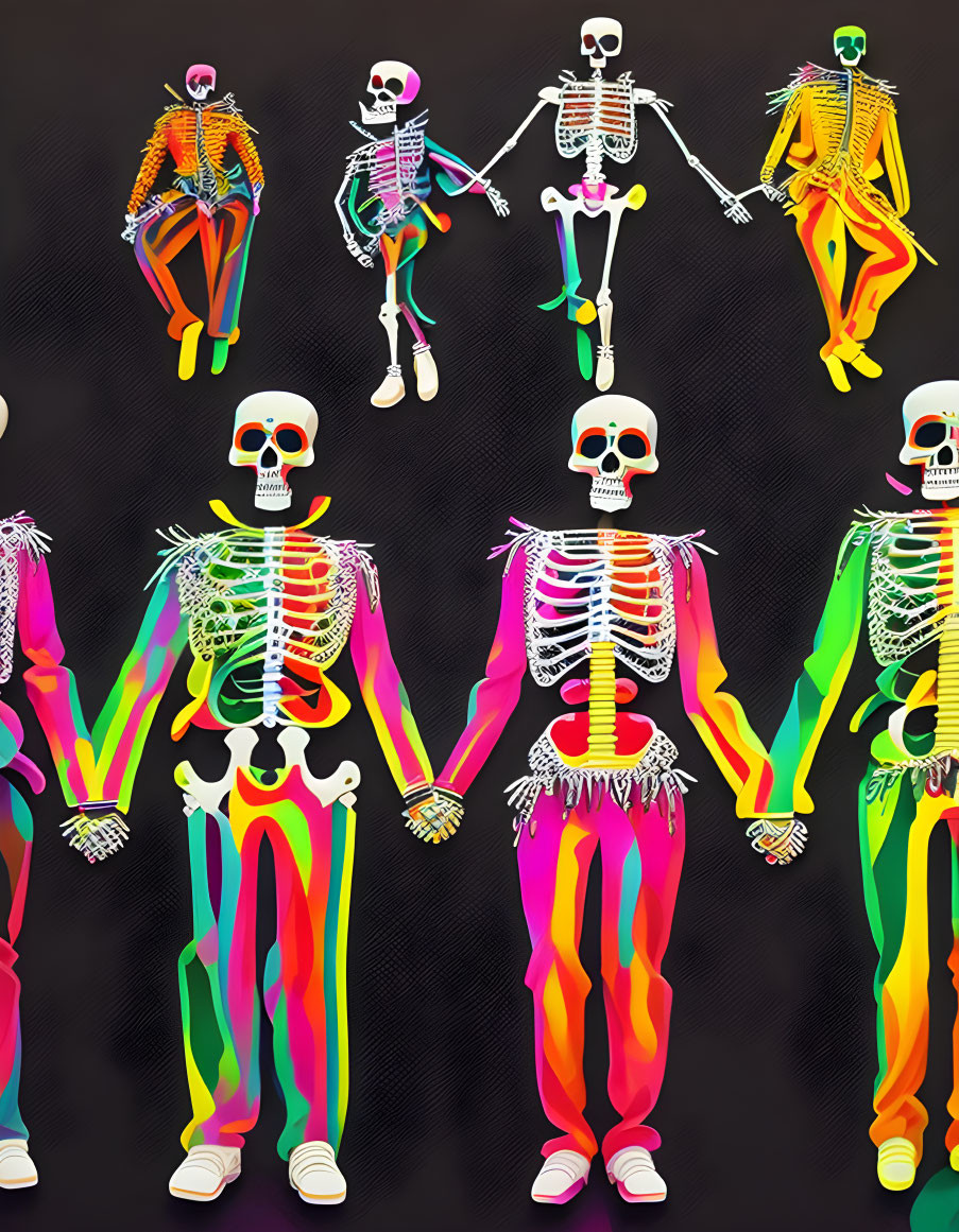 Vividly colored human skeleton illustrations on black background