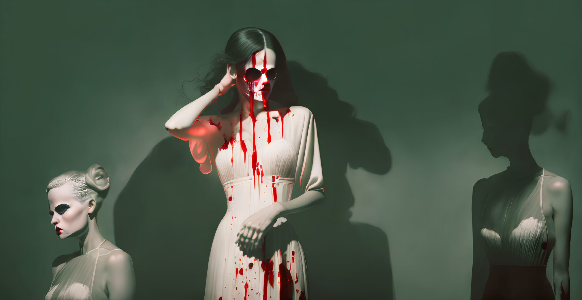 Mannequins in Varying Poses with Red Paint Splatter on Green Background