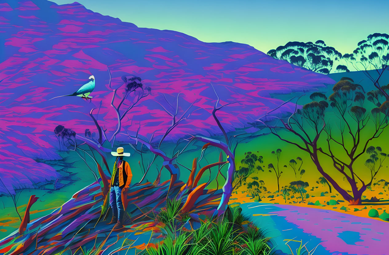 Colorful Stylized Landscape with Person in Hat Observing Nature