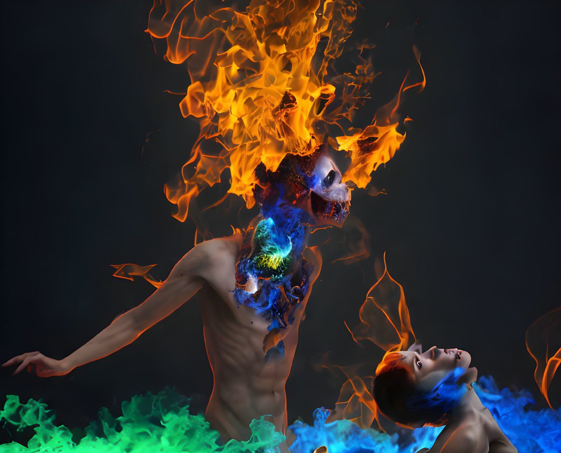 Person with fiery wolf head and vibrant flames on dark background