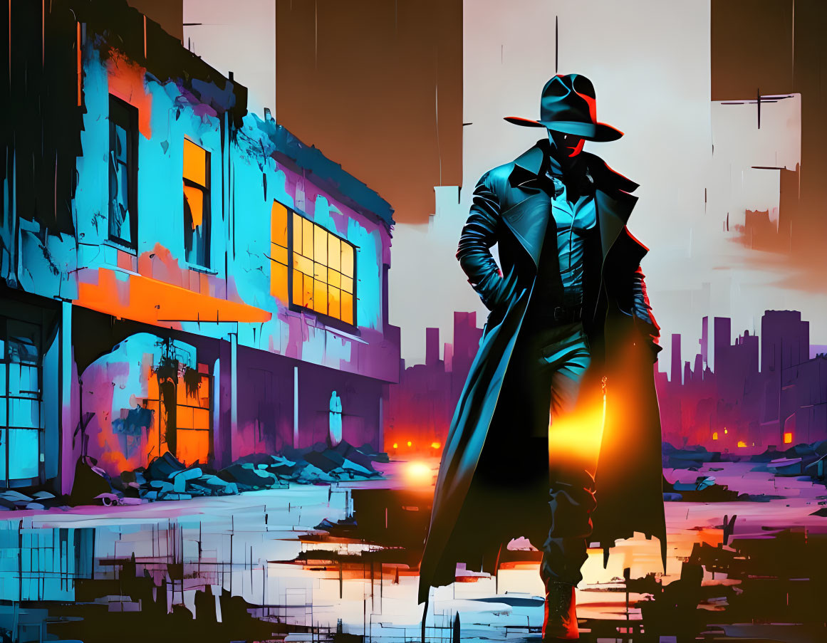 Stylized artwork of person in trench coat in futuristic, neon-lit cityscape