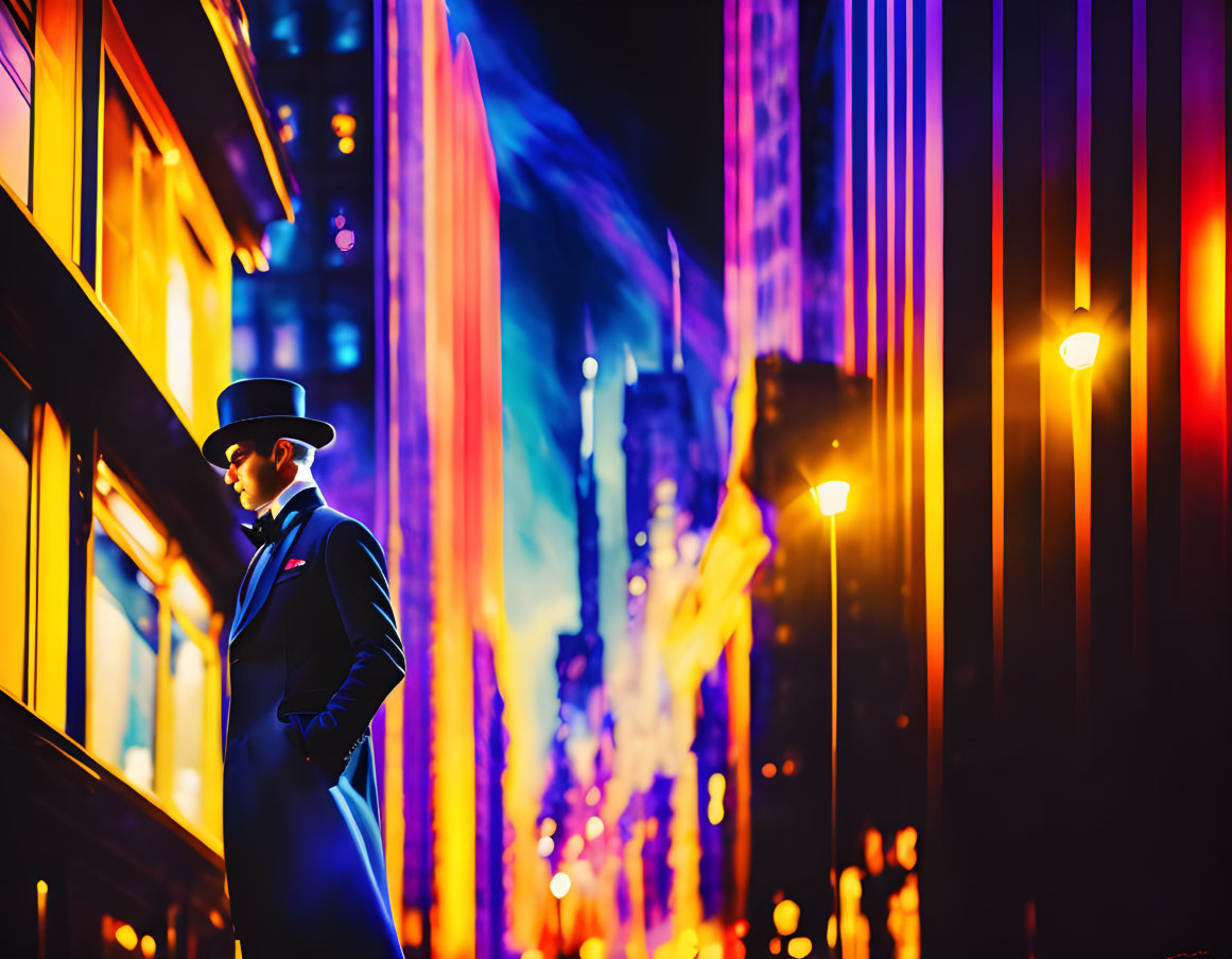 Man in top hat and suit in neon-lit cityscape at night