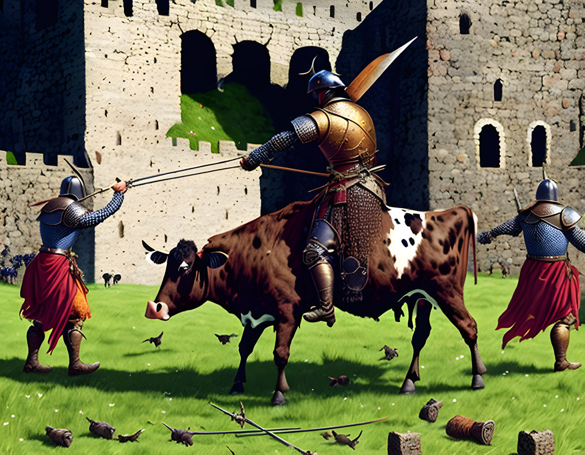 Medieval jousting scene with knights in golden armor and cow - humorous twist