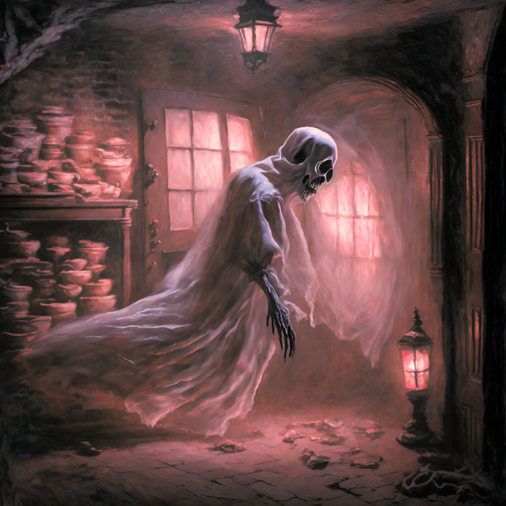 Skeleton-like figure in cloak in eerie alleyway with lanterns